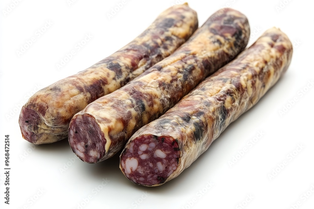 Three pieces of traditional French dried sausage, known as Saucisson Sec, on a white background. The sausage is a classic French charcuterie, made with pork and spices. Three pieces of traditional French dried sausage, known as Saucisson Sec, on a white background. The sausage is a classic French charcuterie, made with pork and spices.