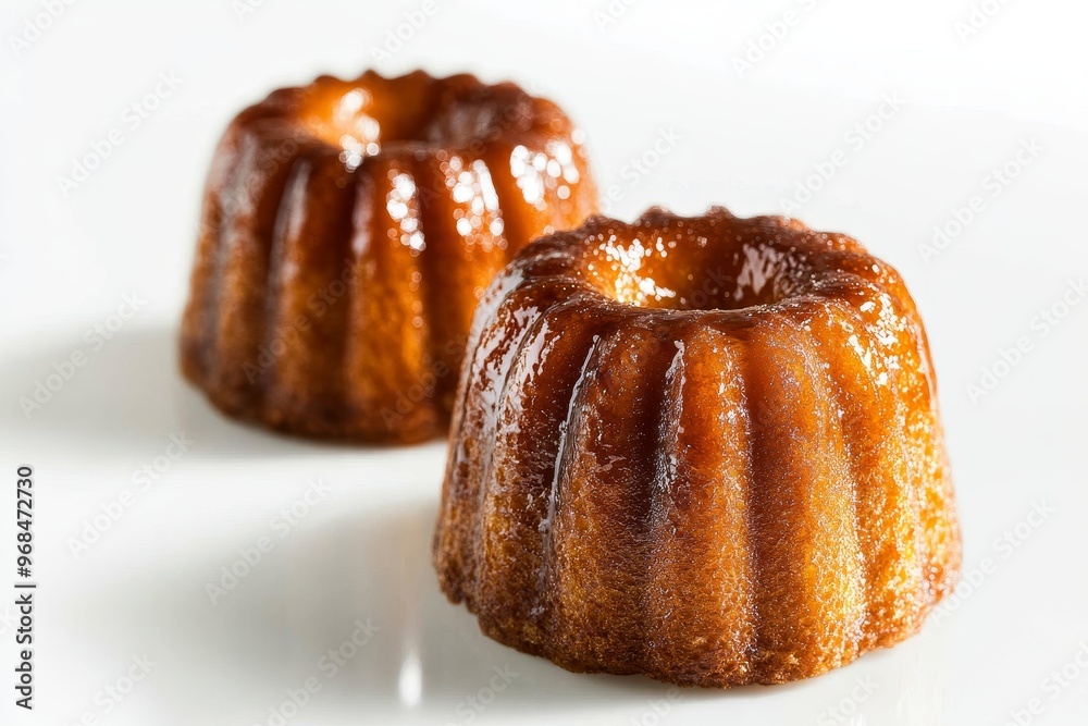Two freshly baked canelé, a traditional French pastry, are presented on a pristine white background. Their caramelized crusts glisten with a rich glaze, offering a delectable treat for any occasion. Two freshly baked canelé, a traditional French pastry, are presented on a pristine white background. Their caramelized crusts glisten with a rich glaze, offering a delectable treat for any occasion.