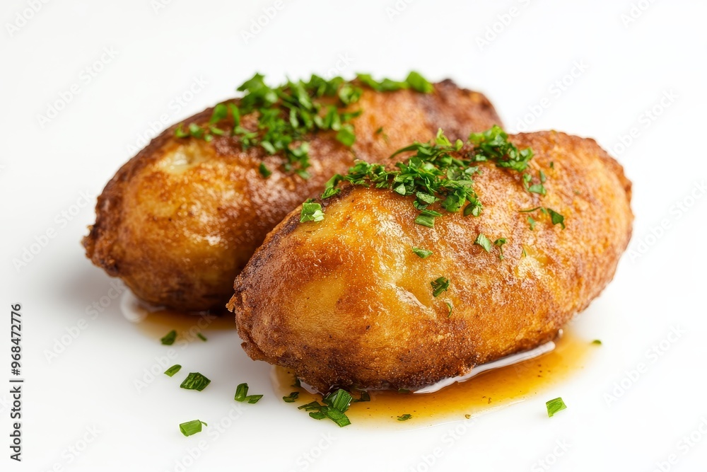 Two golden brown quenelles de brochet, traditional French pike dumplings, are artfully arranged on a white background. The dumplings are topped with fresh herbs, suggesting their delicate flavor. The Two golden brown quenelles de brochet, traditional French pike dumplings, are artfully arranged on a white background. The dumplings are topped with fresh herbs, suggesting their delicate flavor. The