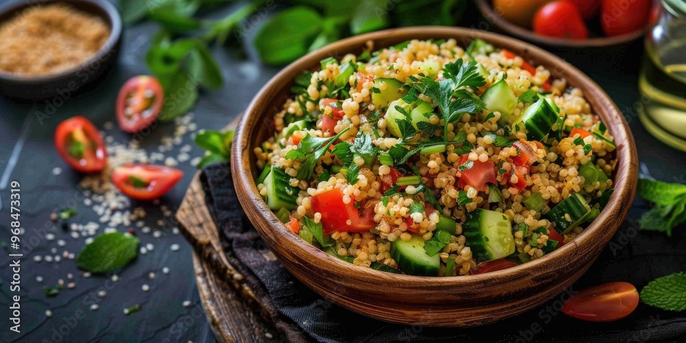 Bulgur salad from the Middle East featuring parsley, scallions, tomatoes, cucumber, cumin, sumac, mint, and a spring mix. Bulgur salad from the Middle East featuring parsley, scallions, tomatoes, cucumber, cumin, sumac, mint, and a spring mix.