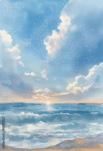 Serene Ocean Sunset with Clouds and Waves
