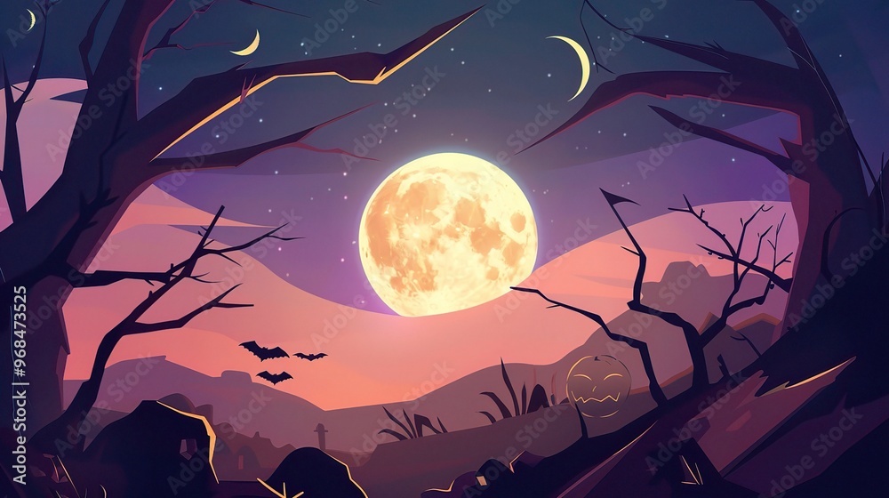 A spooky Halloween cartoon background with a prominent moon. The moon is shining brightly in the night sky, casting an eerie glow A spooky Halloween cartoon background with a prominent moon. The moon is shining brightly in the night sky, casting an eerie glow