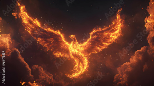 A highly detailed image of flames intricately forming the shape of a rising phoenix against a dark sky, symbolizing rebirth, power, and strength, perfect for a bold and inspirational wallpaper