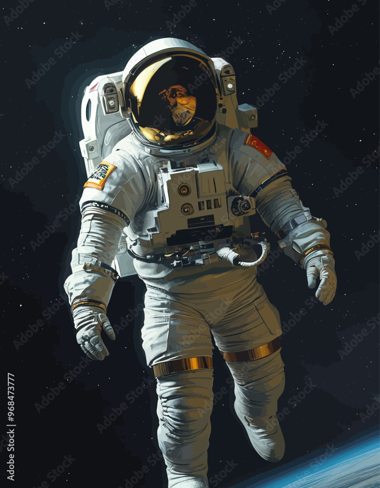 Spacewalking Astronaut in White Suit with Gold Trim and Red Patch