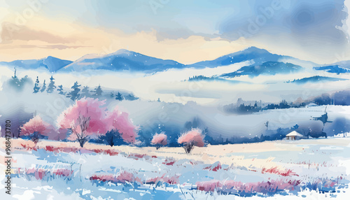 Springtime Blossoms in a Mountainous Landscape