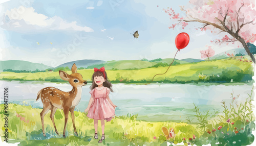 Springtime Encounter: A Little Girl and a Fawn