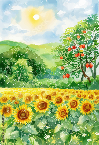 Sunflower Field with Apples and Oranges