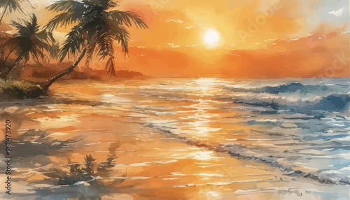 Sunset at the beach with palm trees