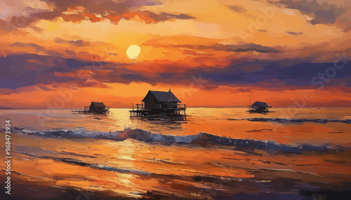 Sunset at the beach with houses on stilts