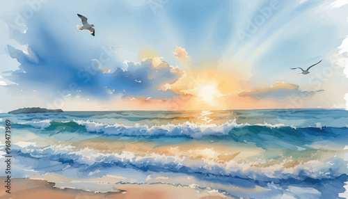 Sunset over the ocean with seagulls flying