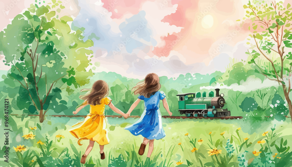 Two girls walking hand in hand through a field of flowers, with a train passing by in the background