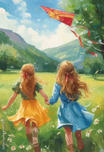 Two girls running through a field with a kite