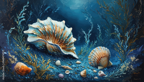 Underwater Coral Reef Scene with Shells and Seaweed