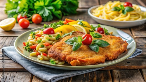 Traditional German dish consisting of crispy schnitzel, soft sp?tzle noodles, and colorful vegetables, German, dish photo