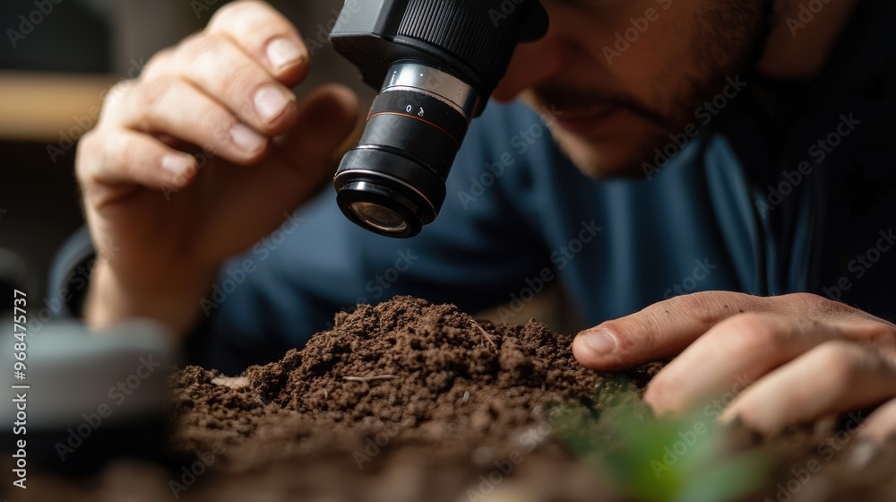 Fototapeta premium Scientist using microscope to closely examine soil sample in laboratory