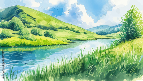 Vibrant River Scenery with Grassy Hills and Cloudy Sky