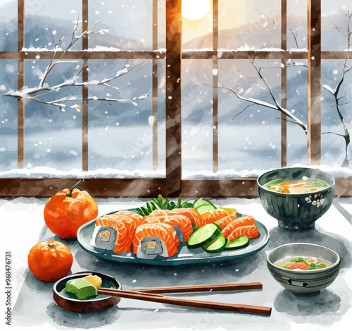 Winter Sushi Dinner: Sashimi, Sushimi, and Sake Bowl