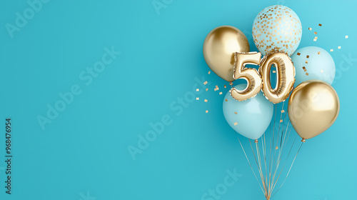 Banner with number 50 golden balloon with copy space. Fifty years anniversary celebration concept on a blue background.