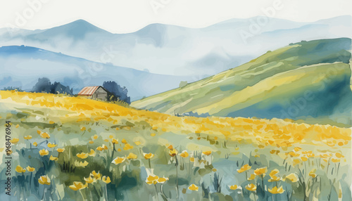 Yellow flower meadow with a small house in the background