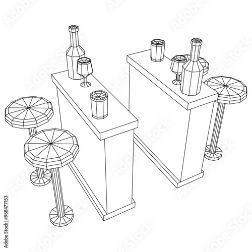Bar counter with stools, bar top with bottles and glasses. Wireframe low poly mesh vector illustration.