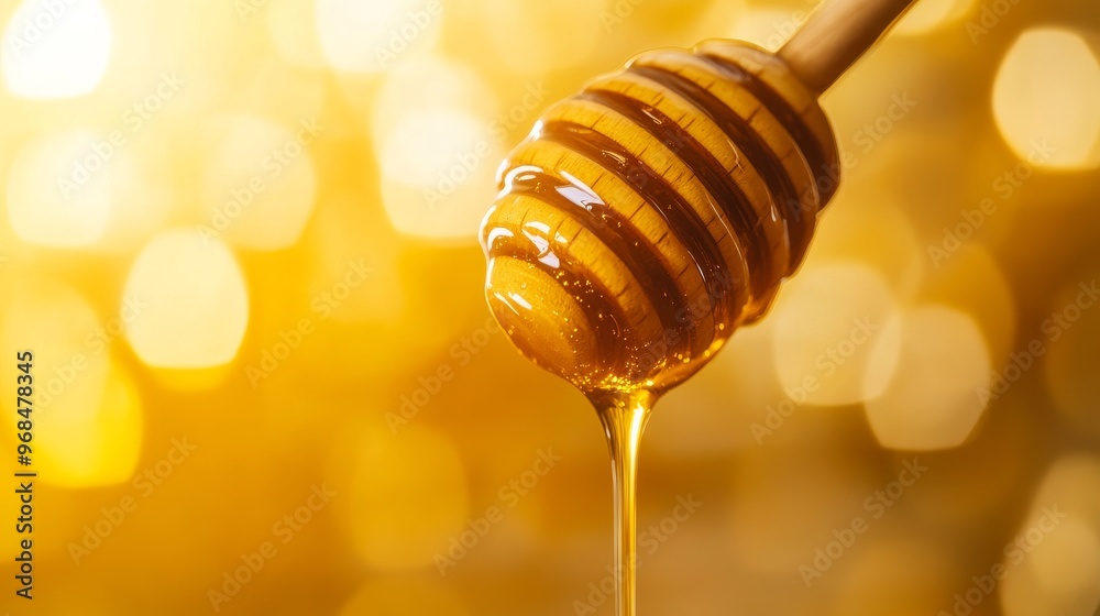 Golden honey dripping from wooden dipper against Golden honey dripping from wooden dipper against