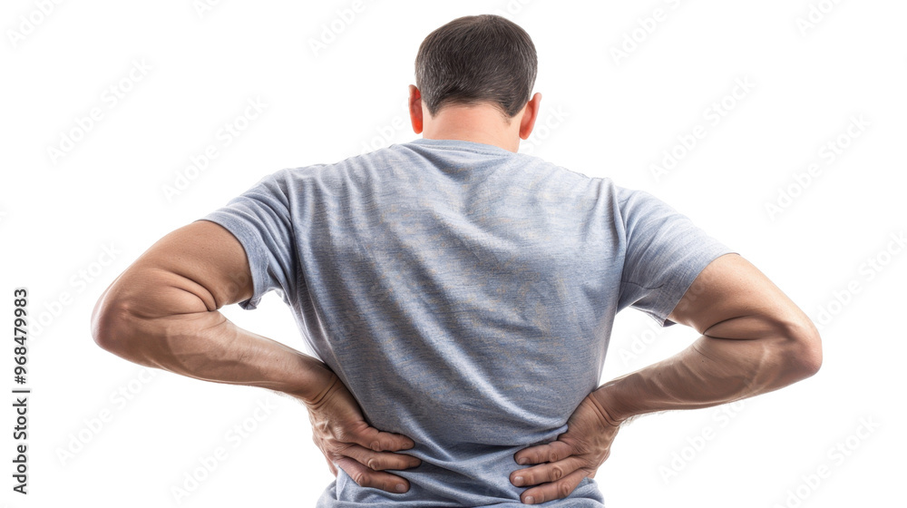 Man suffering from a lower back pain on transparent background Man suffering from a lower back pain on transparent background