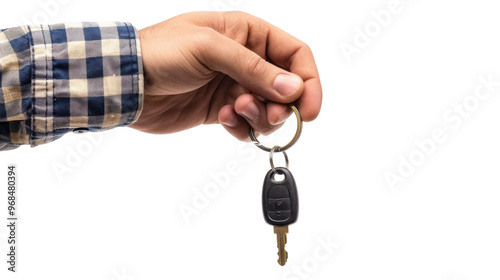 Hand holding car keys on transparent background