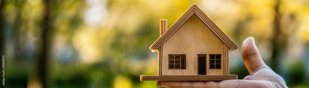 Hand Holding Wooden House Model with Green Blurred Background Hand Holding Wooden House Model with Green Blurred Background