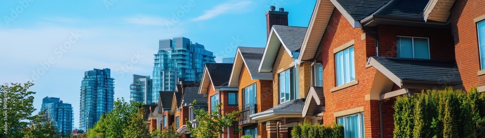 Modern Brick Houses with Skyscrapers in the Background Modern Brick Houses with Skyscrapers in the Background