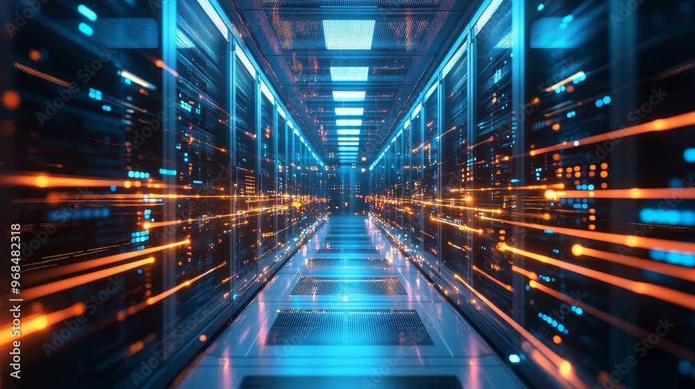 Data Center Server Room with Blue and Orange Lights Data Center Server Room with Blue and Orange Lights