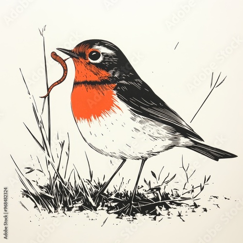 Hand-drawn Robin with Worm in Natural Setting