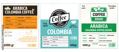  An illustration of Colombian Coffee Labels template simple flat style in cmyk mode with two tone color. The labels detail various coffee attributes such as origin, altitude, roast level, process, and