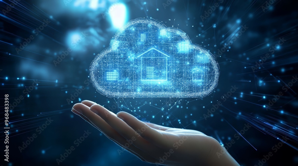 Hand Holding Digital Cloud Network with Blue Lights Hand Holding Digital Cloud Network with Blue Lights