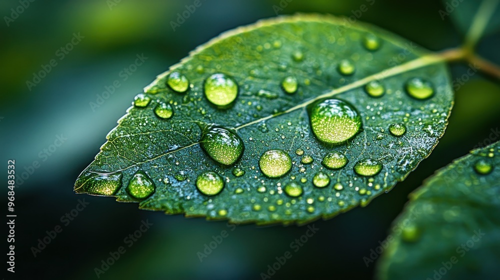 Close-up of a leaf adorned with water droplets. Close-up of a leaf adorned with water droplets.