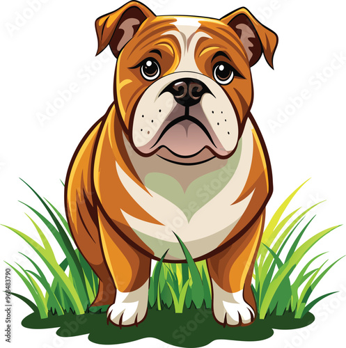 Close-up cartoon French bulldog dog sitting on green grass with vector design ready for royalty-free download and commercial use