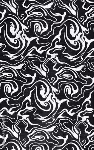 Black and white abstract pattern of swirling lines, evoking flowing liquids or smoke, for design backgrounds and textures.