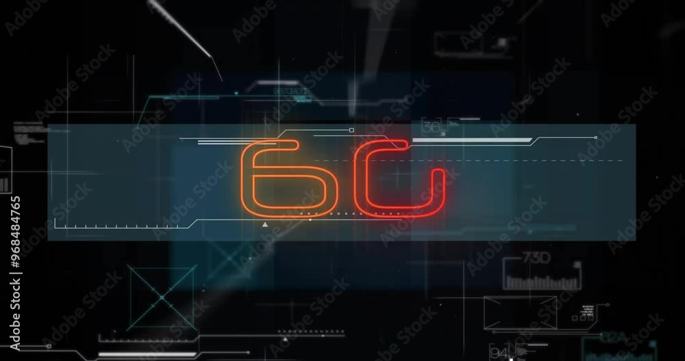 Animation of network of connections over data processing and 6g text Animation of network of connections over data processing and 6g text