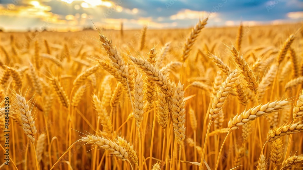 Fototapeta premium Golden cereal field with close-up ears of rye, golden, cereal, field, rye, close-up, natural, background, agriculture, harvest, wheat