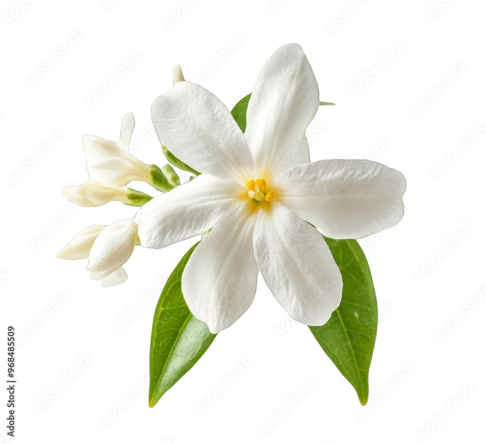 White Jasmine Flower with Green Leaves on Black Background White Jasmine Flower with Green Leaves on Black Background