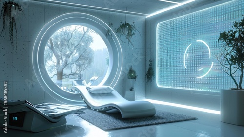 Futuristic home neuroenhancement meditation room with EEG feedback photo