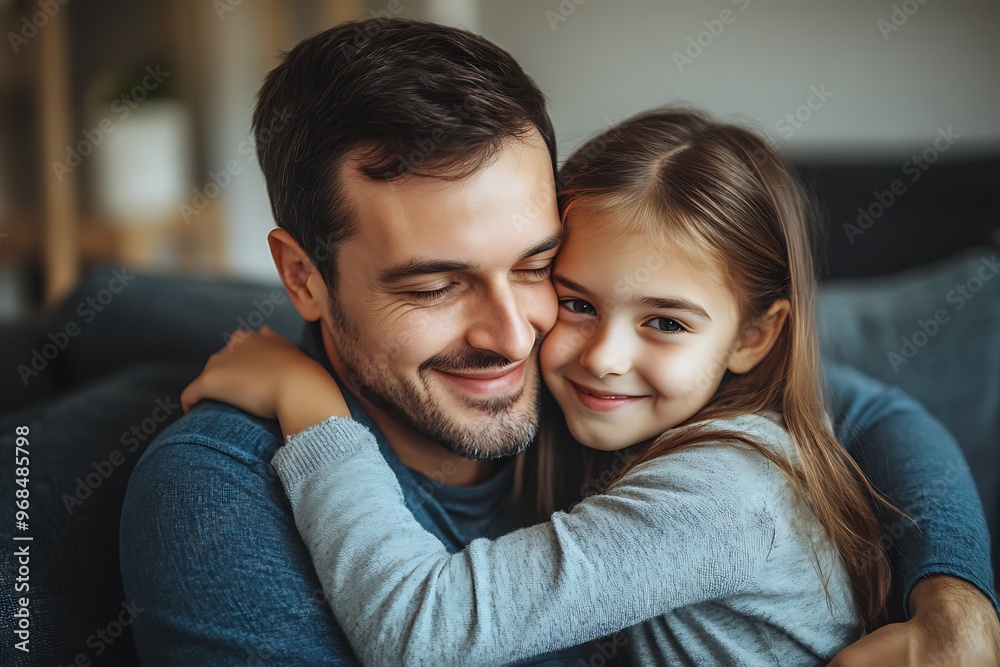 Cute little girl hugging her father while sitting on sofa at home Cute little girl hugging her father while sitting on sofa at home