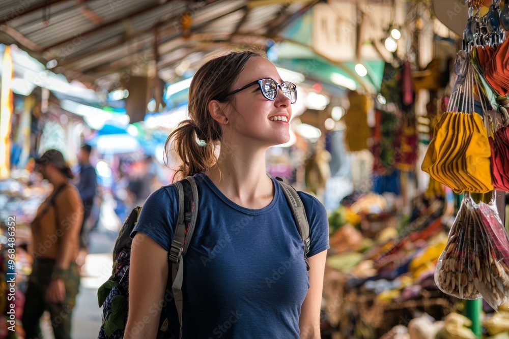 Female tour guide leading a walking tour through a bustling market. Stalls with colorful goods are visible behind her Female tour guide leading a walking tour through a bustling market. Stalls with colorful goods are visible behind her