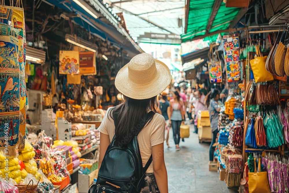 Female tour guide leading a walking tour through a bustling market. Stalls with colorful goods are visible behind her Female tour guide leading a walking tour through a bustling market. Stalls with colorful goods are visible behind her