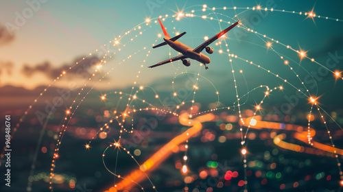 Passenger plane flying through a connected network of golden lights in the evening sky photo