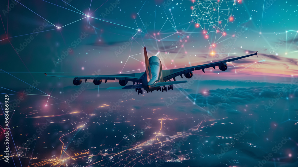 Passenger plane flying through a connected network of golden lights in the evening sky Passenger plane flying through a connected network of golden lights in the evening sky