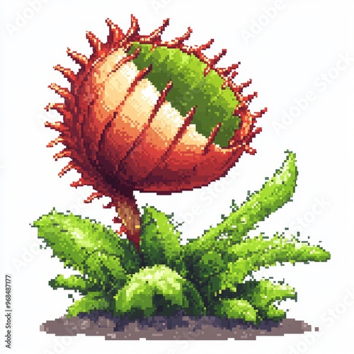 Pixel Art of Venus Flytrap with Green Leaves on White Background