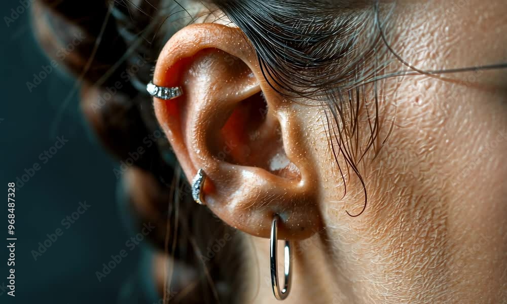 Close-up of woman's ear adorned with three earrings