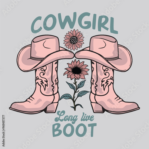 cowgirls head is desert vibes text vector print, Cowgirl boots, pink color desert cowgirl vector prints, western desert print design, hippy women print design, Arizona desert design, western design,