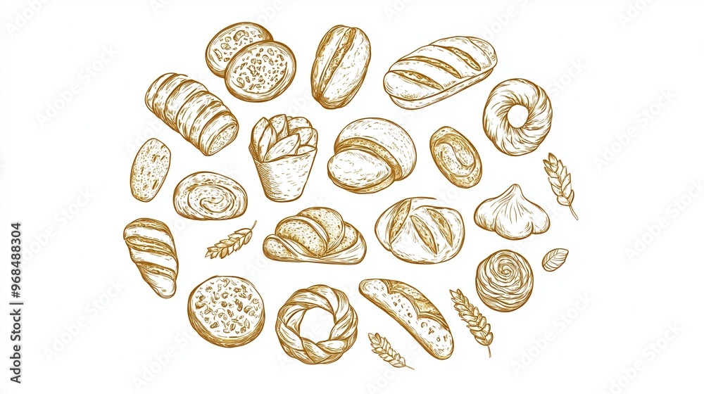 A delightful assortment of hand-drawn breads, showcasing various shapes and textures perfect for bakery illustrations. A delightful assortment of hand-drawn breads, showcasing various shapes and textures perfect for bakery illustrations.