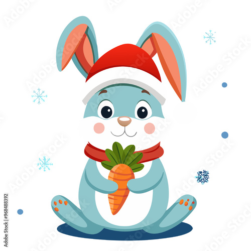 Cute Bunny in Santa Hat with Carrot: A charming illustration of a blue bunny wearing a Santa hat, holding a carrot, surrounded by snowflakes. Perfect for Christmas greetings, wintery decorations, and 